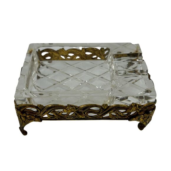 2 Vintage Glass Crystal And Gold Toned Metal Ashtrays Hollywood Regency Style - Picture 5 of 9